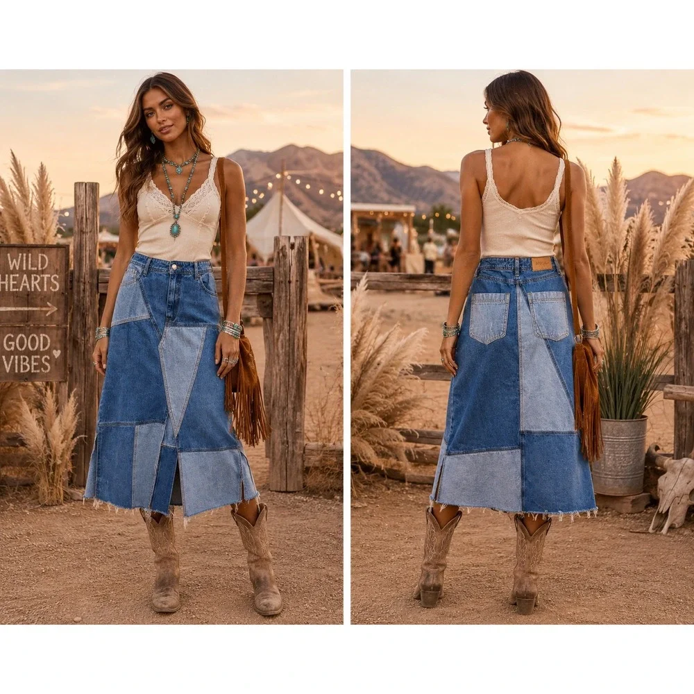 Nasty Gal Boho Western Festival Patchwork Denim Raw Hem Side Slit Midi Skirt 10 - Picture 1 of 15